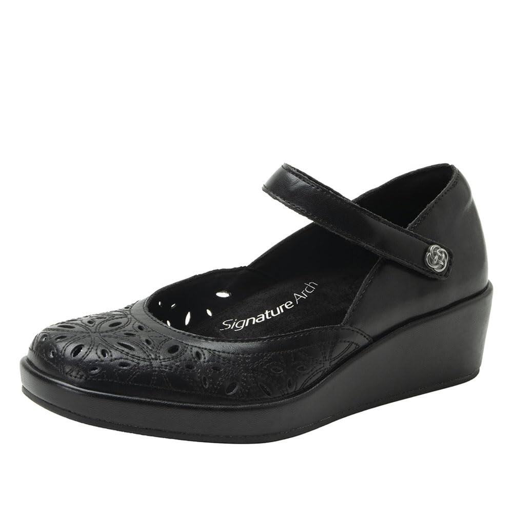 ALEGRIA WOMEN'S HAYES BLACK BREEZE LEATHER WEDGE MARY JANE PUMP 7.5 M US